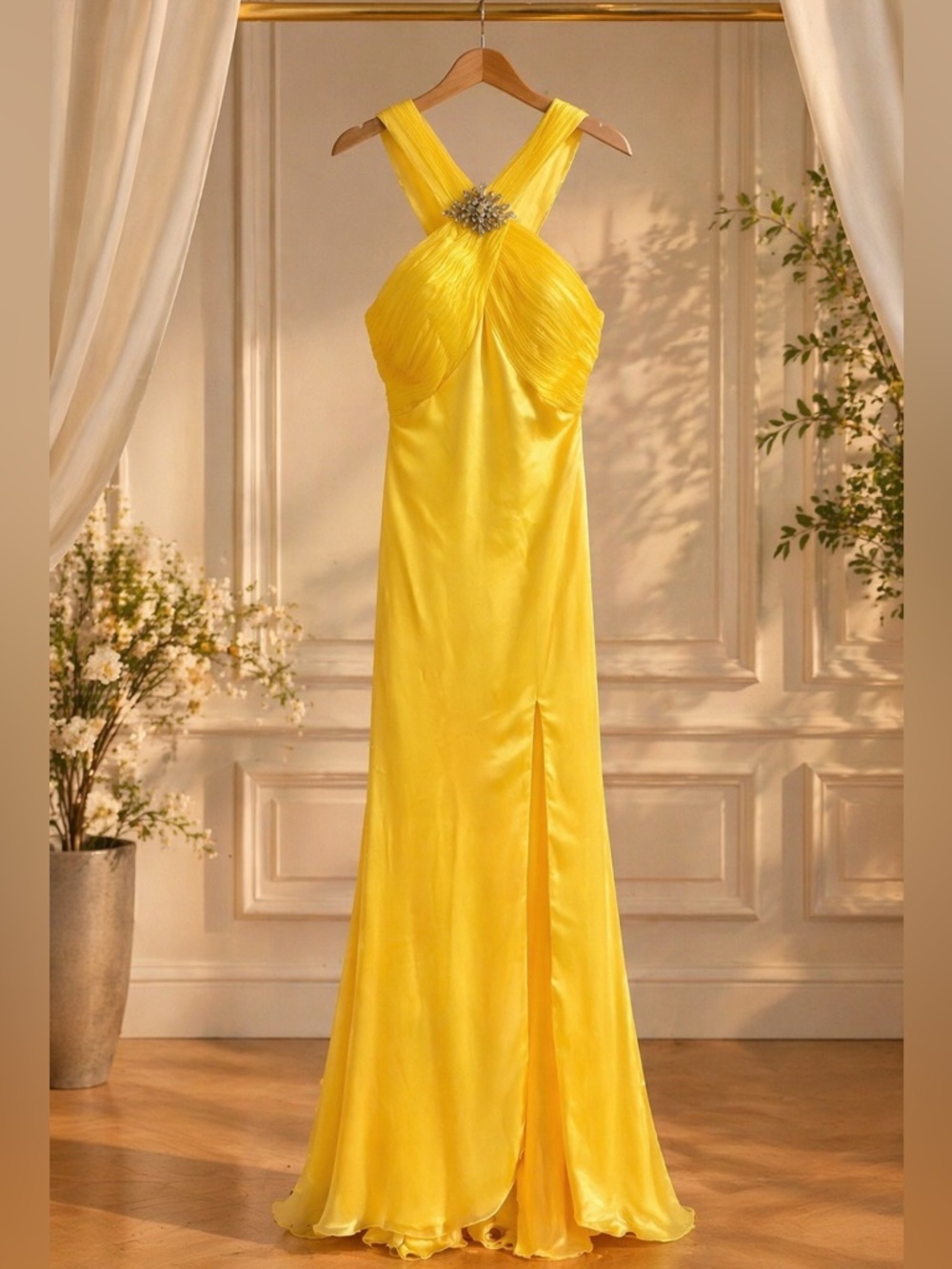 Riva Designs Vibrant Yellow Cross-Back Prom Gown
